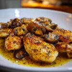 Close-up of seared chicken breasts smothered in garlic butter sauce and topped with sautéed mushrooms for a Garlic Butter Chicken and Mushroom Skillet Dinner.