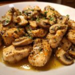 Close-up of tender chicken pieces and sautéed mushrooms coated in a rich garlic butter sauce, part of the Garlic Butter Chicken and Mushroom Skillet Dinner.
