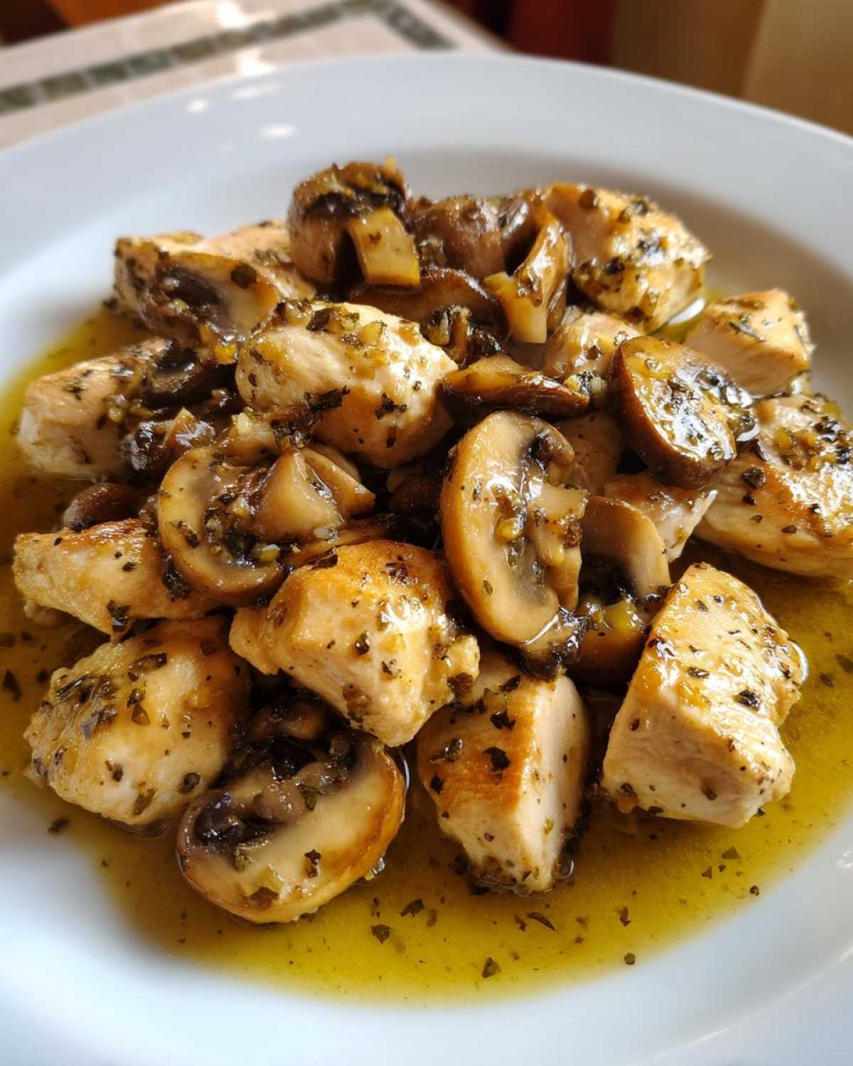 Close-up of bite-sized pieces of Garlic Butter Chicken and Mushroom Skillet Dinner coated in a rich, herby garlic butter sauce.