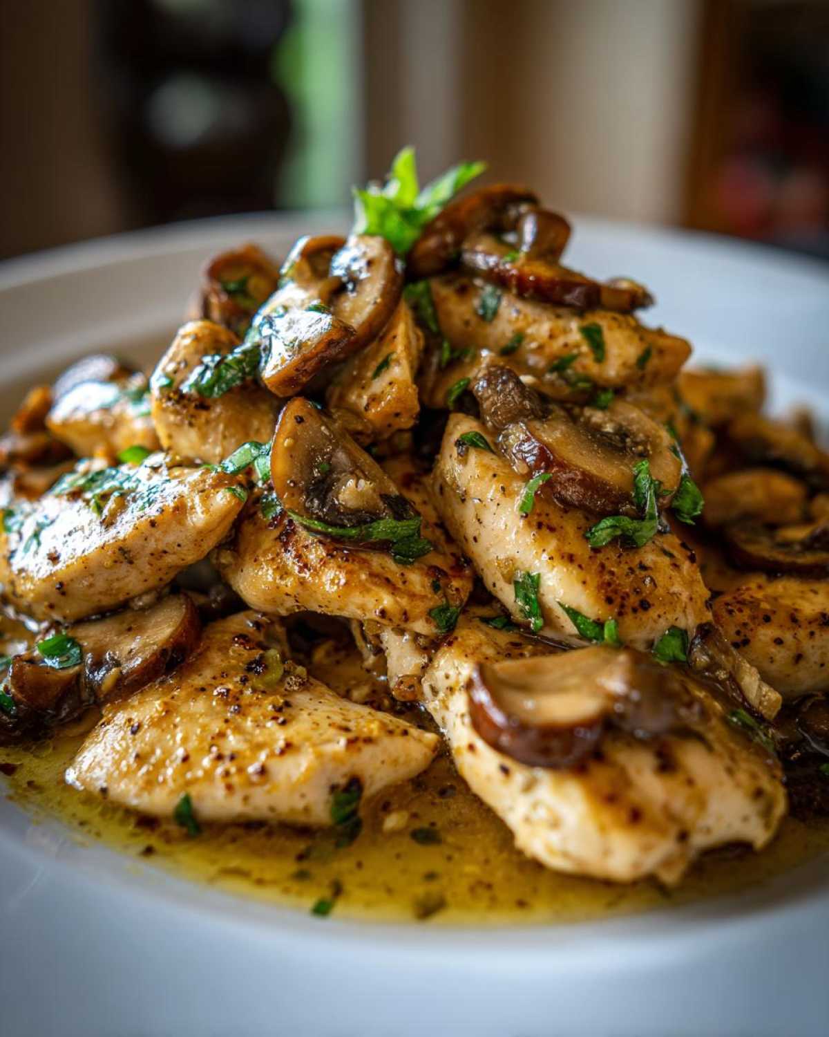 Close-up of tender chicken pieces smothered in garlic butter sauce and topped with sautéed mushrooms, part of the Garlic Butter Chicken and Mushroom Skillet Dinner.