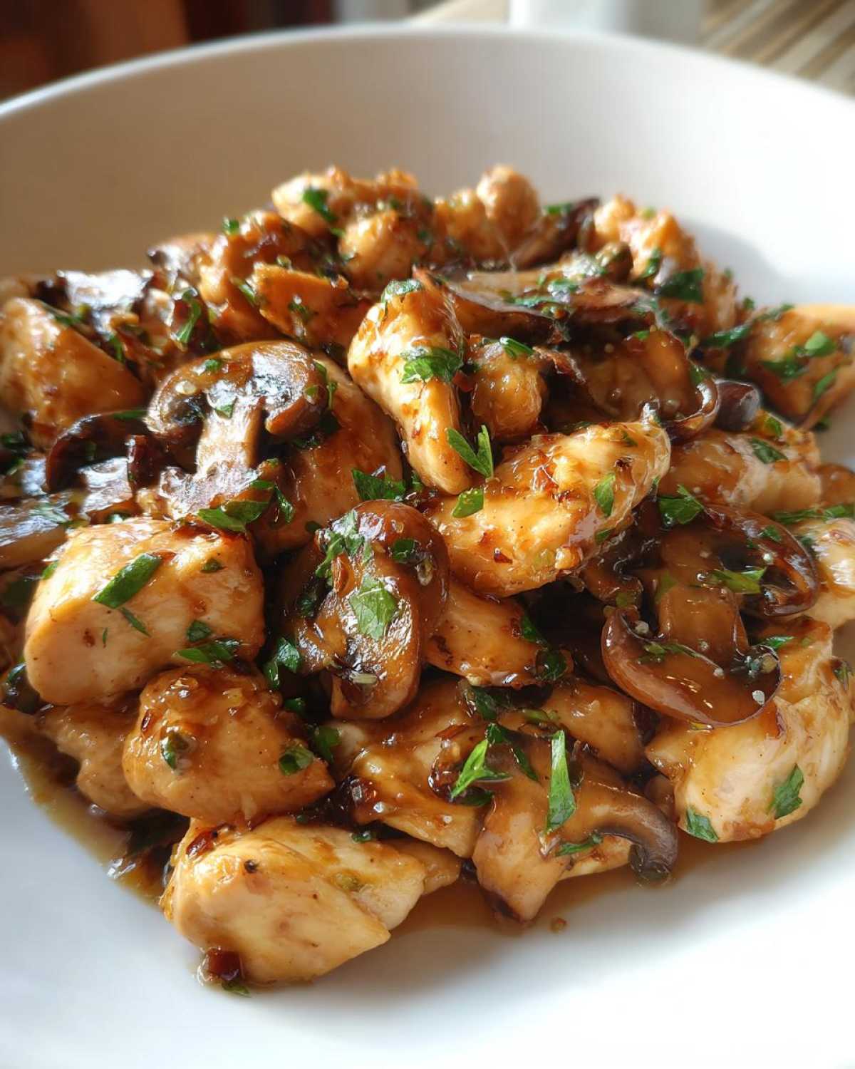 Close-up of tender chicken pieces and sautéed mushrooms coated in a rich garlic butter sauce, garnished with parsley, representing the Garlic Butter Chicken and Mushroom Skillet Dinner.