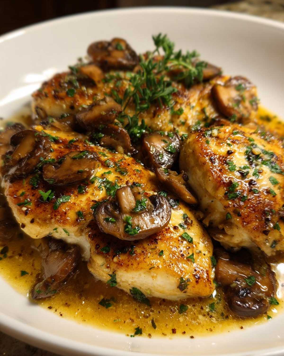 Close-up of seared chicken breasts smothered in rich garlic butter sauce with sautéed mushrooms, garnished with parsley.