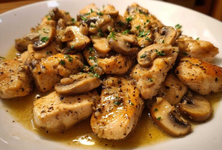 Close-up of tender chicken pieces and sautéed mushrooms coated in a rich garlic butter sauce, part of the Garlic Butter Chicken and Mushroom Skillet Dinner.