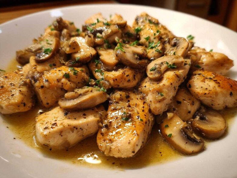 Close-up of tender chicken pieces and sautéed mushrooms coated in a rich garlic butter sauce, part of the Garlic Butter Chicken and Mushroom Skillet Dinner.