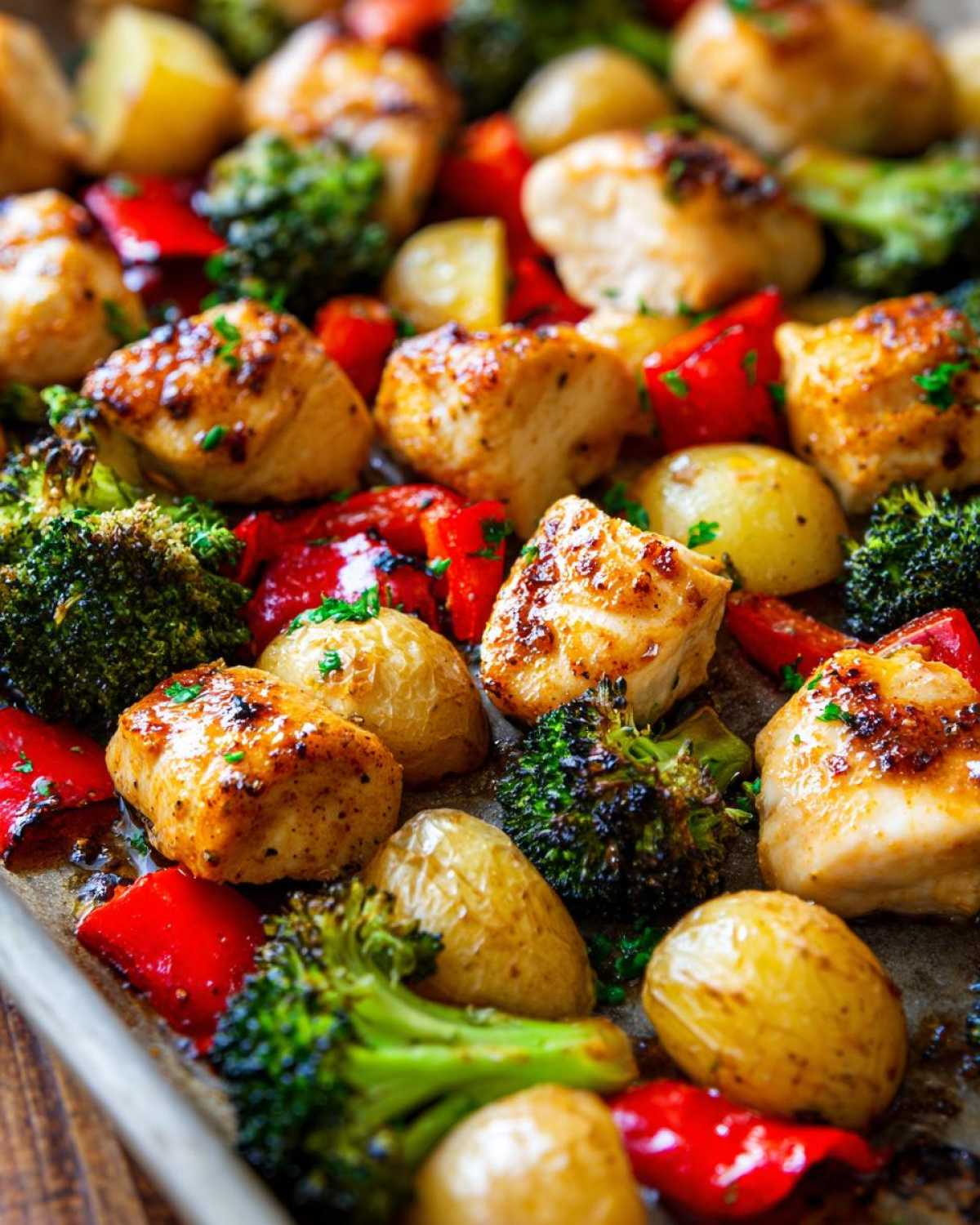 Close-up of golden-brown Garlic Butter Chicken Bites mixed with roasted potatoes, broccoli, and red peppers on a sheet pan.