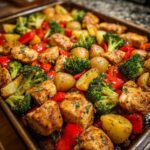 Close-up of baked Garlic Butter Chicken Bites mixed with small potatoes, broccoli florets, and red bell peppers on a sheet pan.