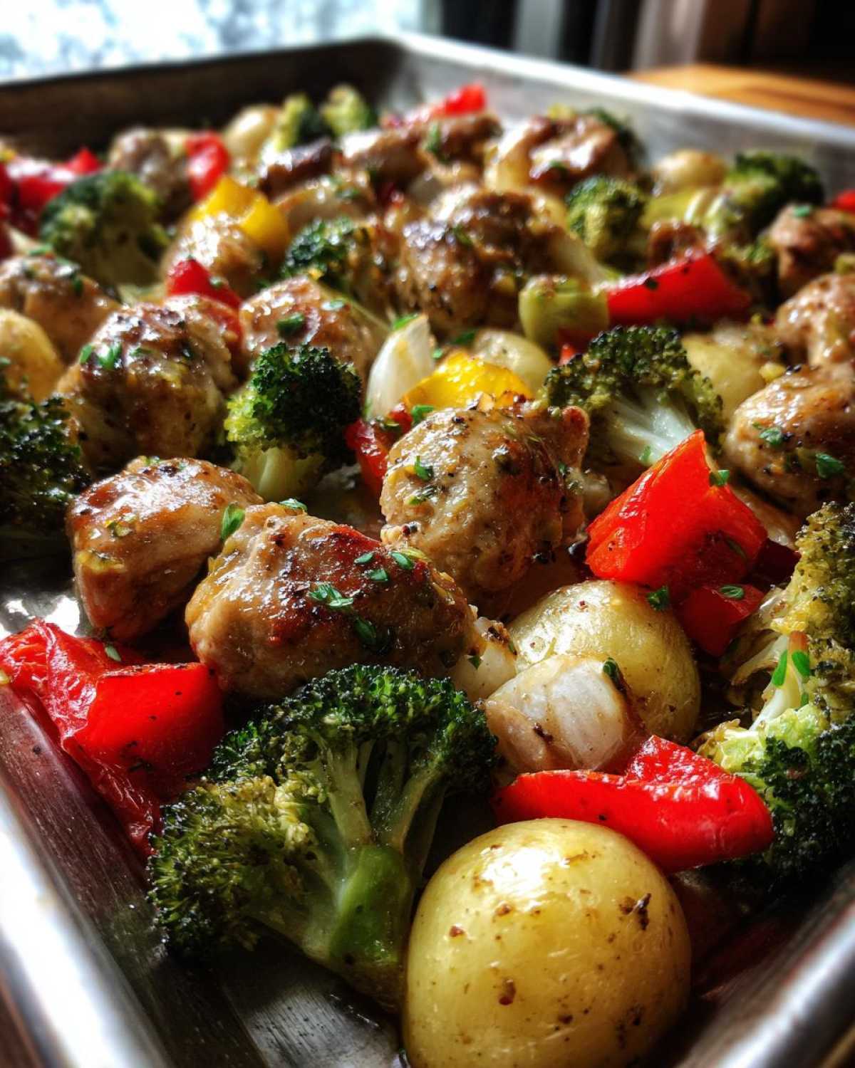 Close-up of roasted Garlic Butter Chicken Bites mixed with broccoli, red peppers, and small potatoes in a sheet pan.