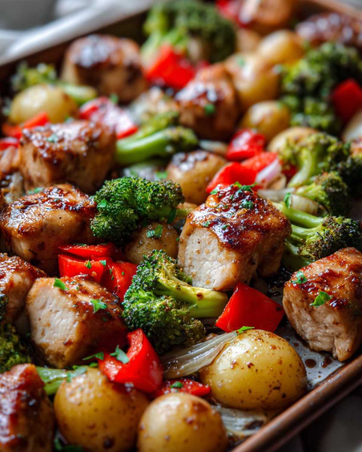 Close-up of pan-roasted Garlic Butter Chicken Bites mixed with broccoli, red peppers, and small potatoes.