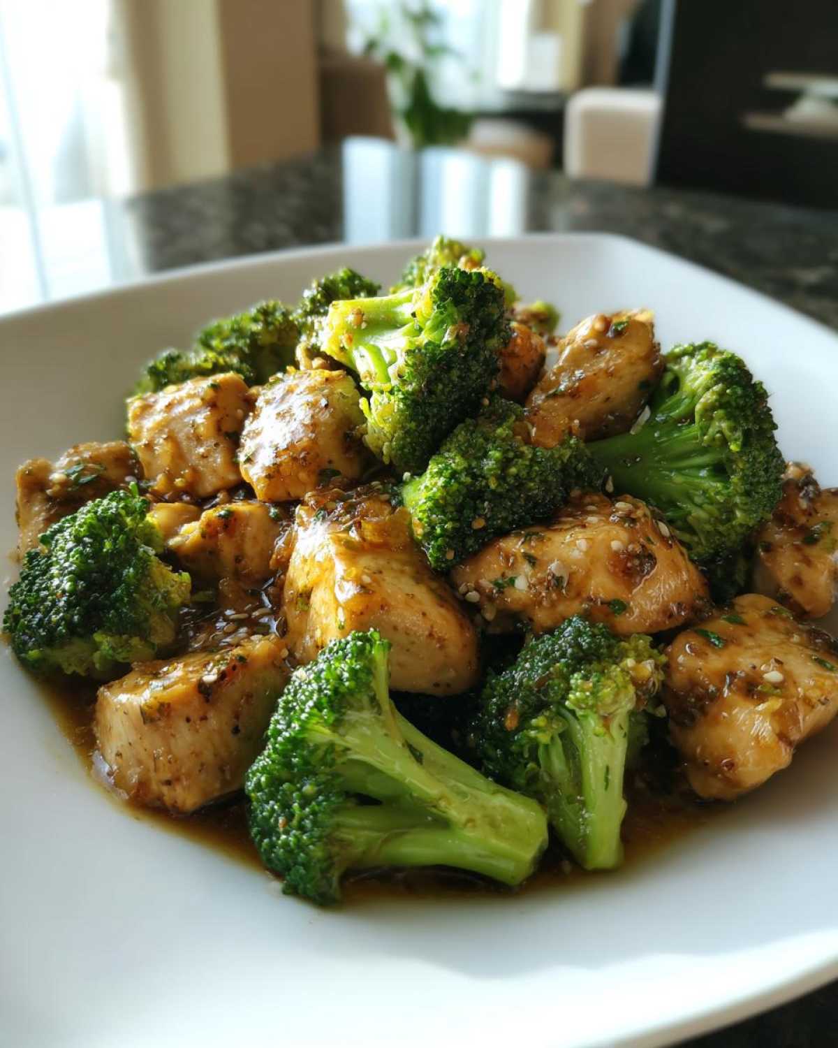 Close-up of tender chunks of Garlic Butter Chicken and Broccoli Stir Fry coated in a savory sauce on a white plate.