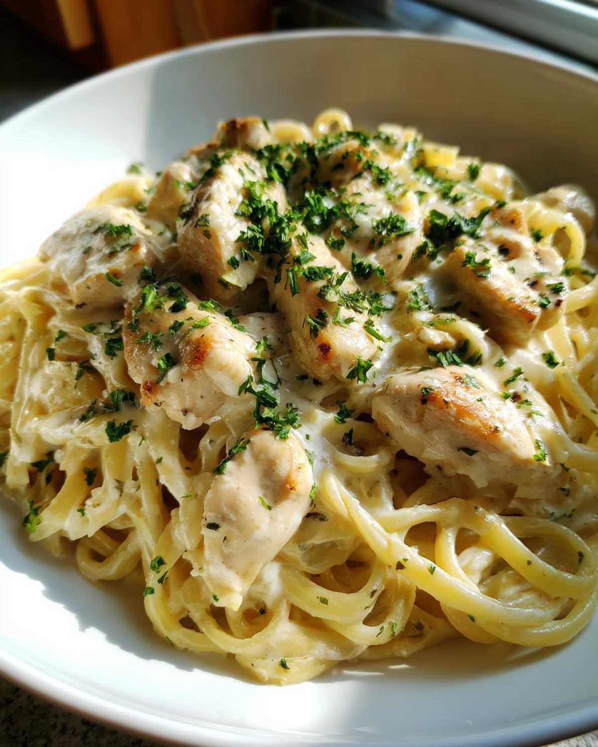 Close-up of Garlic Butter Chicken Pasta with cream sauce, topped with chopped parsley.
