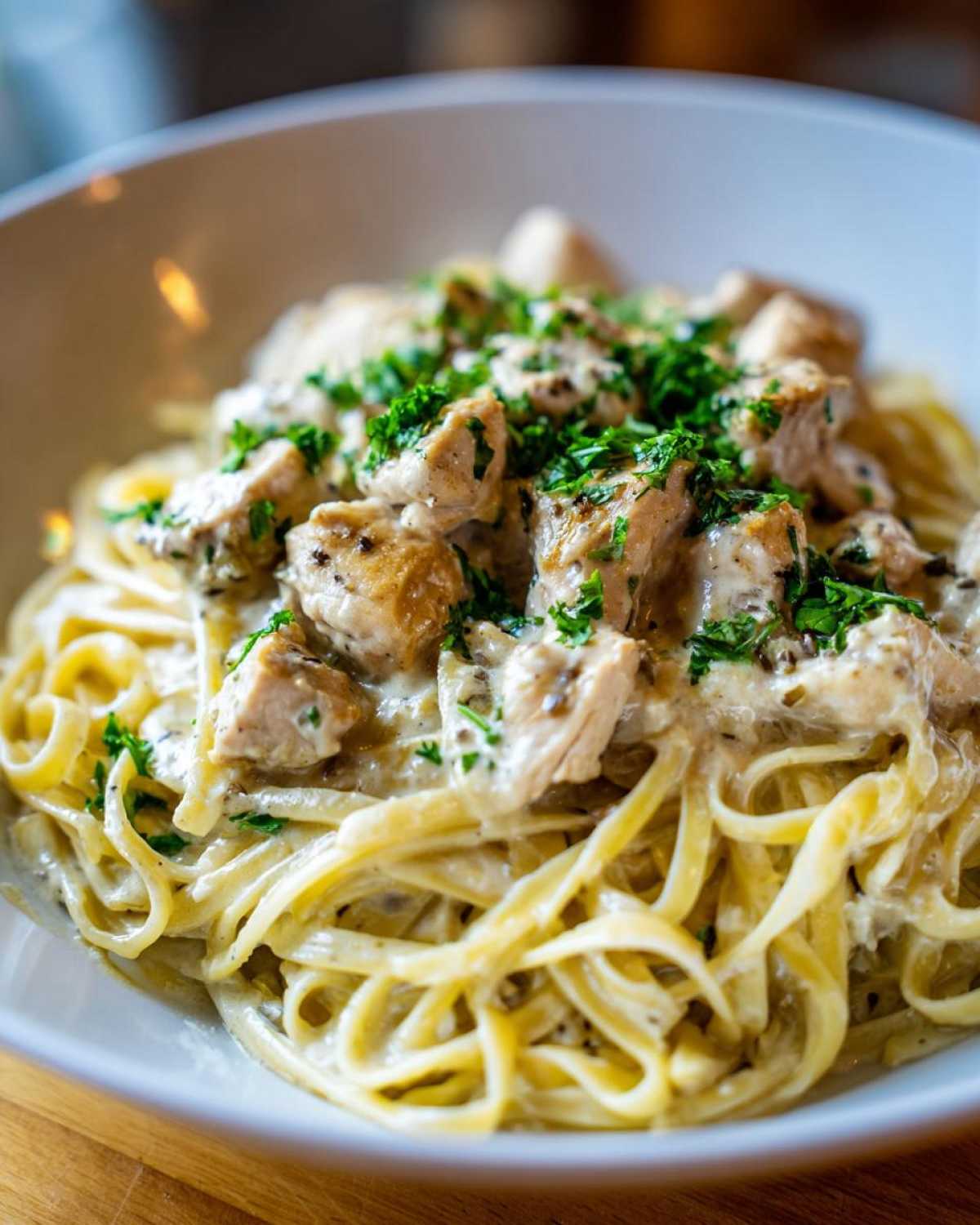 Close-up of Garlic Butter Chicken Pasta with cream sauce, topped with fresh parsley in a white bowl.