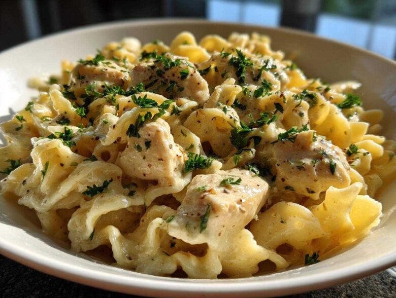 Close-up of Garlic Butter Chicken Pasta with cream sauce and chopped parsley garnish.