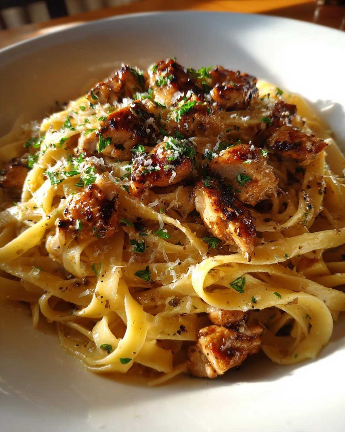 A close-up of creamy Garlic Butter Chicken Pasta with Parmesan, topped with seared chicken pieces and fresh parsley.