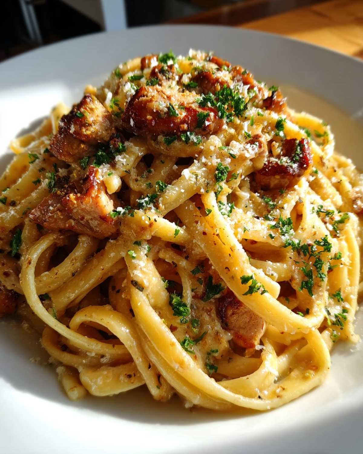 A close-up of creamy Garlic Butter Chicken Pasta with Parmesan cheese and fresh parsley garnish.