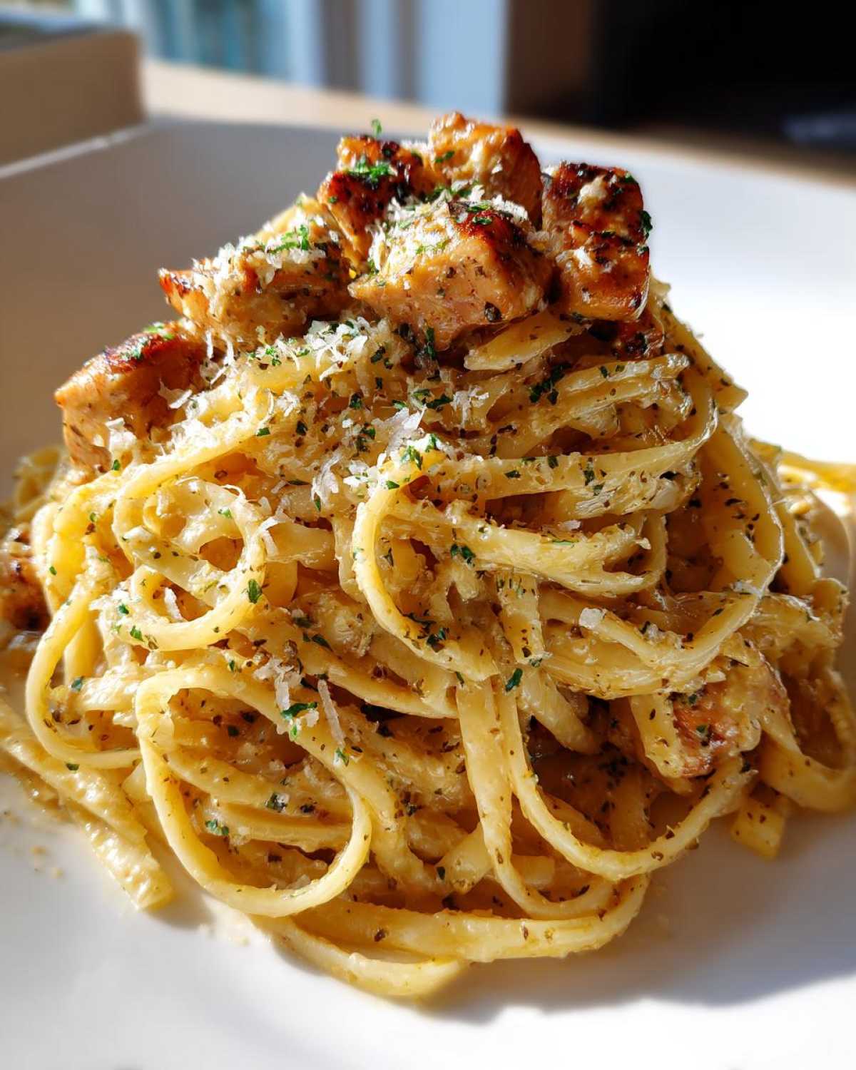 A close-up, appetizing shot of Garlic Butter Chicken Pasta with Parmesan, topped with grilled chicken pieces and fresh parsley.