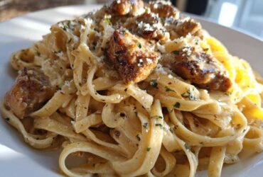 Close-up of creamy Garlic Butter Chicken Pasta with Parmesan, featuring fettuccine noodles and seared chicken pieces.