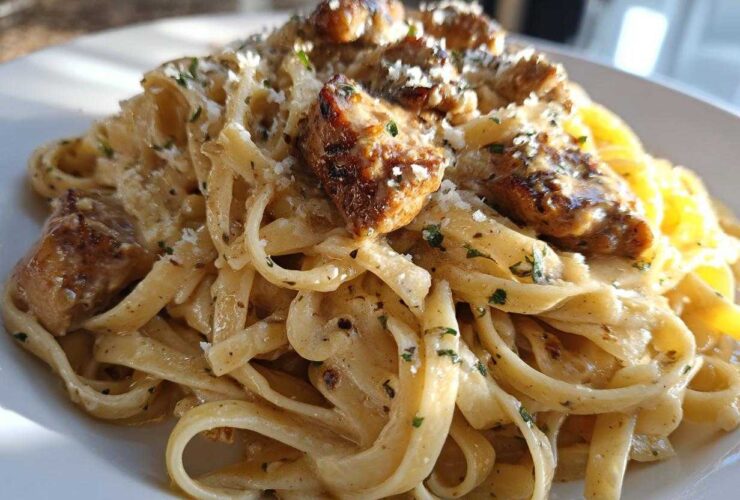 Close-up of creamy Garlic Butter Chicken Pasta with Parmesan, featuring fettuccine noodles and seared chicken pieces.