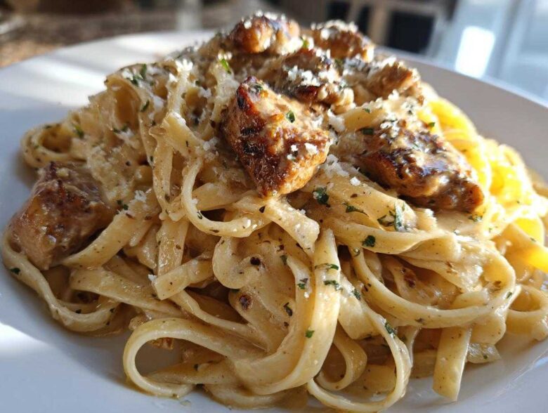 Close-up of creamy Garlic Butter Chicken Pasta with Parmesan, featuring fettuccine noodles and seared chicken pieces.