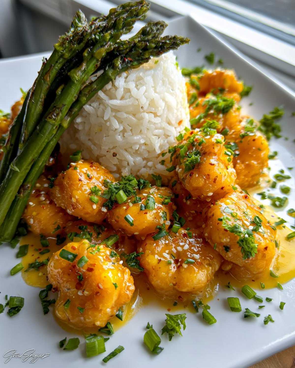 Close-up of Garlic Butter Salmon Bites coated in sauce, served with white rice and roasted asparagus.