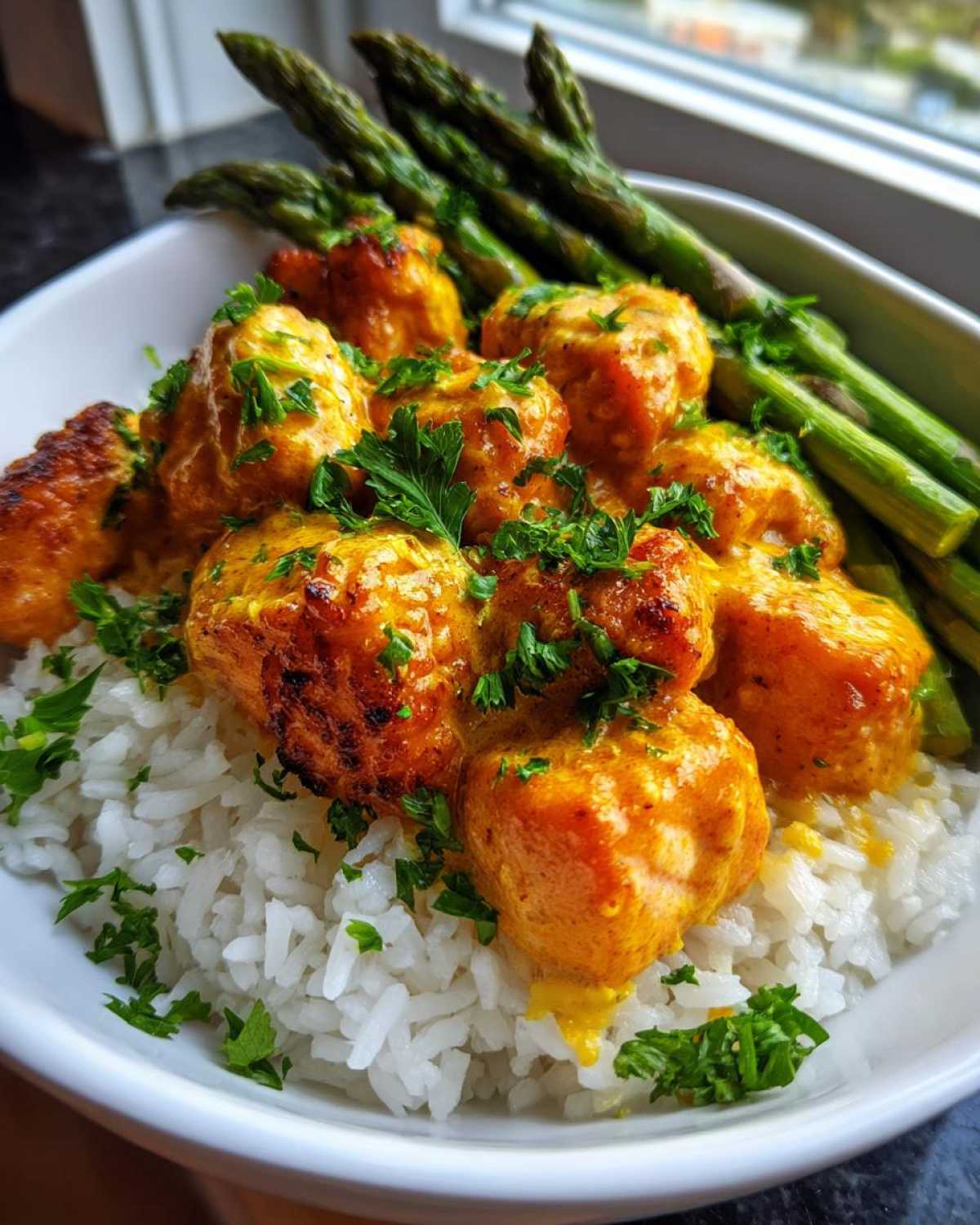 Close-up of Garlic Butter Salmon Bites coated in a rich sauce, served over white rice with asparagus spears.