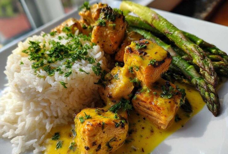 Close-up of Garlic Butter Salmon Bites served over white rice with asparagus and rich yellow sauce.