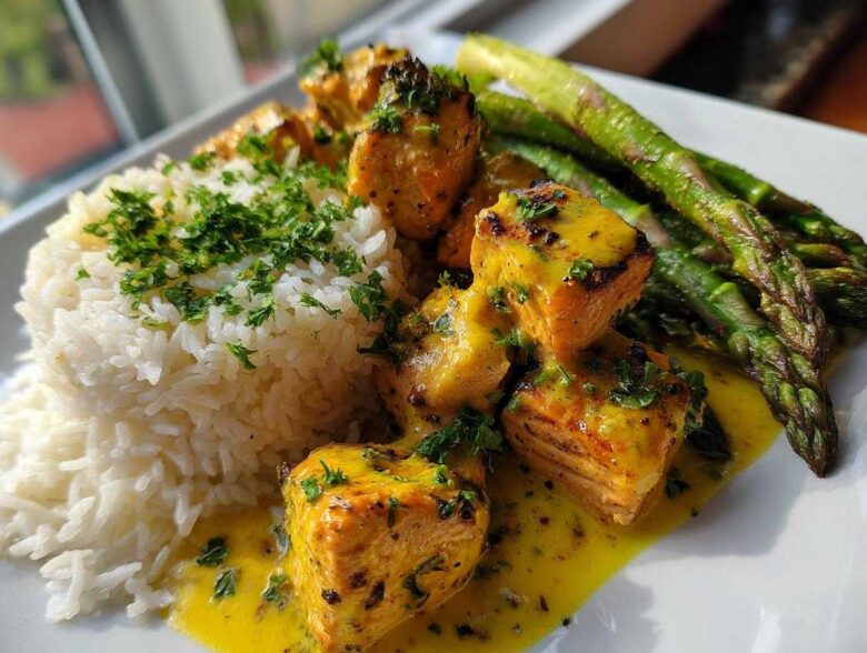Close-up of Garlic Butter Salmon Bites served over white rice with asparagus and rich yellow sauce.