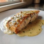 A perfectly cooked fillet of Garlic Butter Salmon with Creamy Lemon Sauce resting in a pool of sauce on a white plate.
