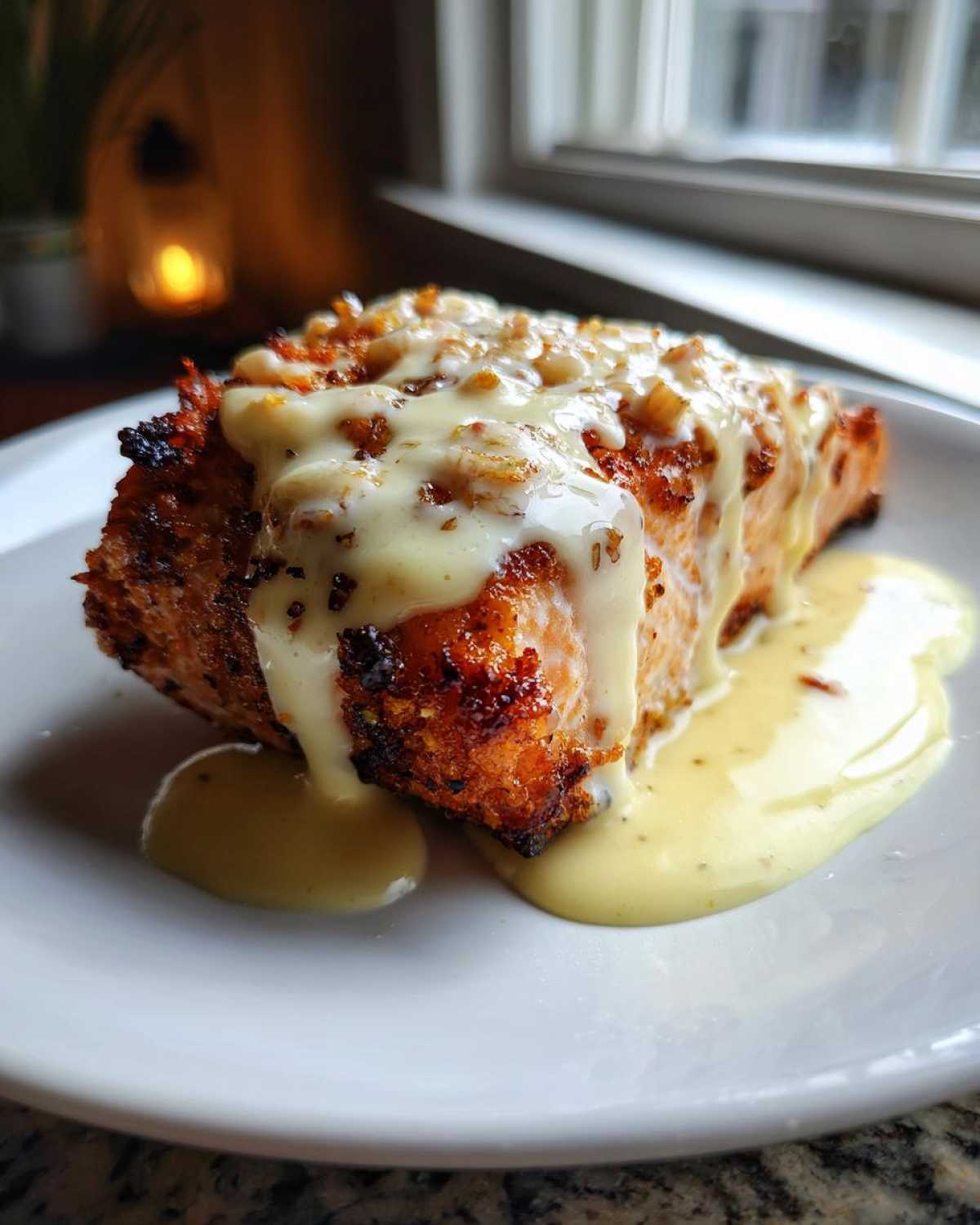 A perfectly cooked fillet of Garlic Butter Salmon topped with creamy lemon sauce and browned garlic bits.