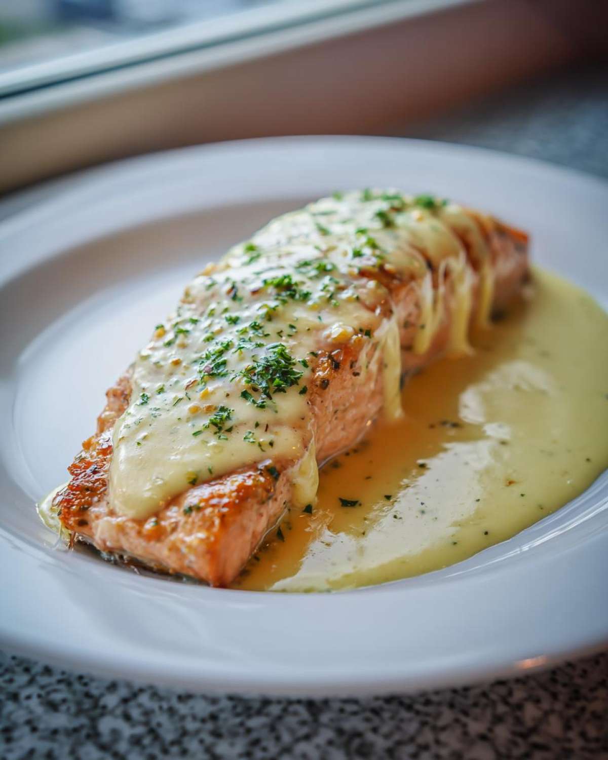 A perfectly cooked fillet of Garlic Butter Salmon with Creamy Lemon Sauce, topped with parsley, served on a white plate.