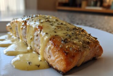 A perfectly cooked fillet of Garlic Butter Salmon generously topped with creamy lemon sauce and herbs.