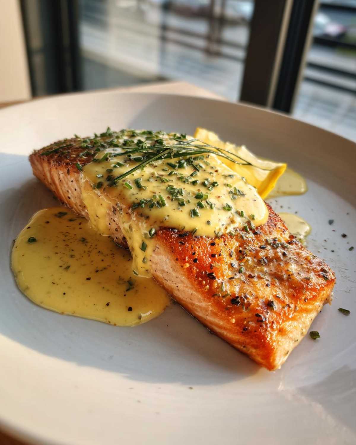 Perfectly cooked Garlic Butter Salmon topped with creamy lemon sauce and fresh chives.