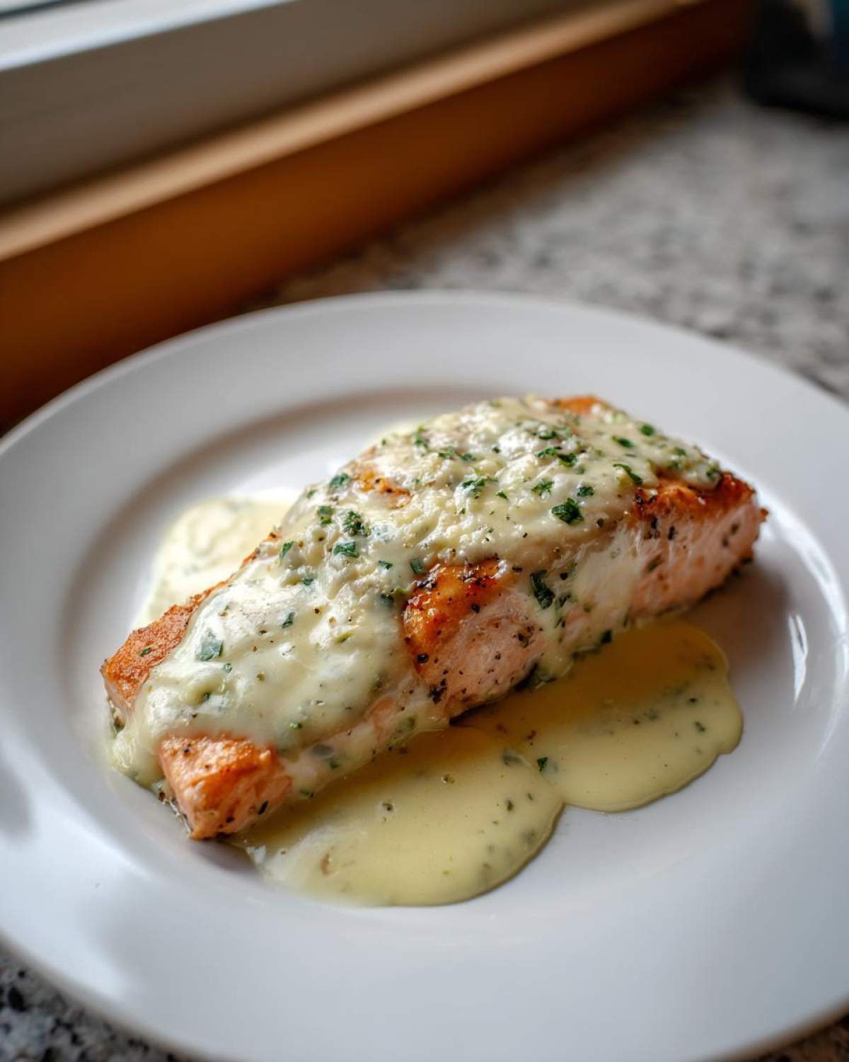 A perfectly cooked fillet of Garlic Butter Salmon with Creamy Lemon Sauce, topped with herbs, served on a white plate.