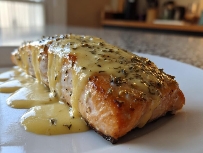 A perfectly cooked fillet of Garlic Butter Salmon generously topped with creamy lemon sauce and herbs.