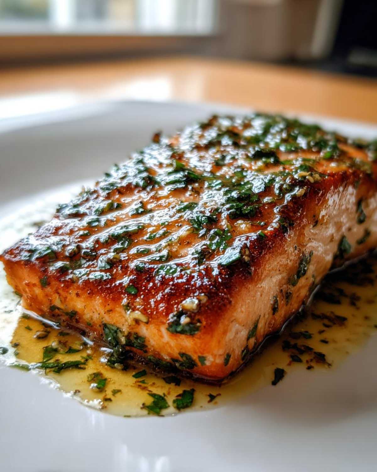 Close-up of a perfectly cooked Garlic Butter Salmon with crispy edges, glistening with sauce and fresh parsley.