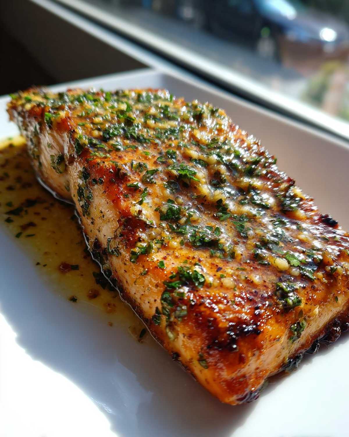 A close-up of a perfectly cooked Garlic Butter Salmon with Crispy Edges, glistening with butter sauce and topped with minced parsley.