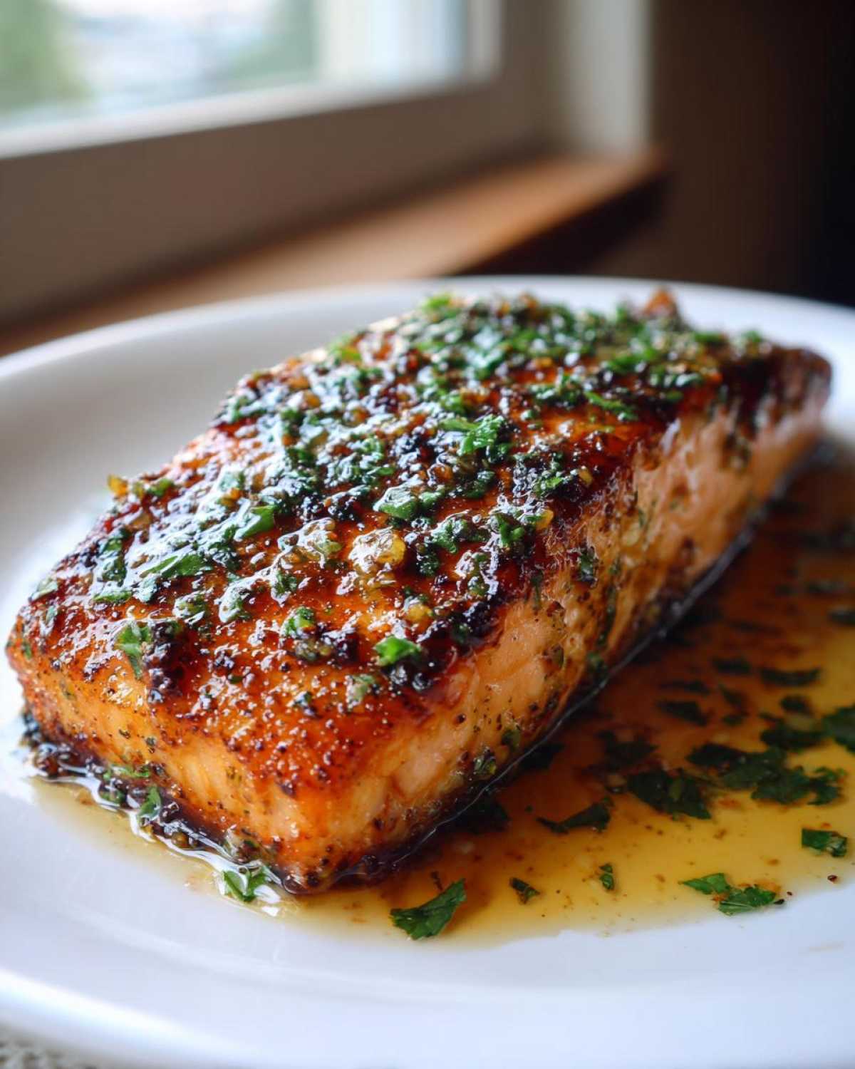 Close-up of a perfectly cooked Garlic Butter Salmon with crispy edges, glistening with sauce and topped with fresh parsley.