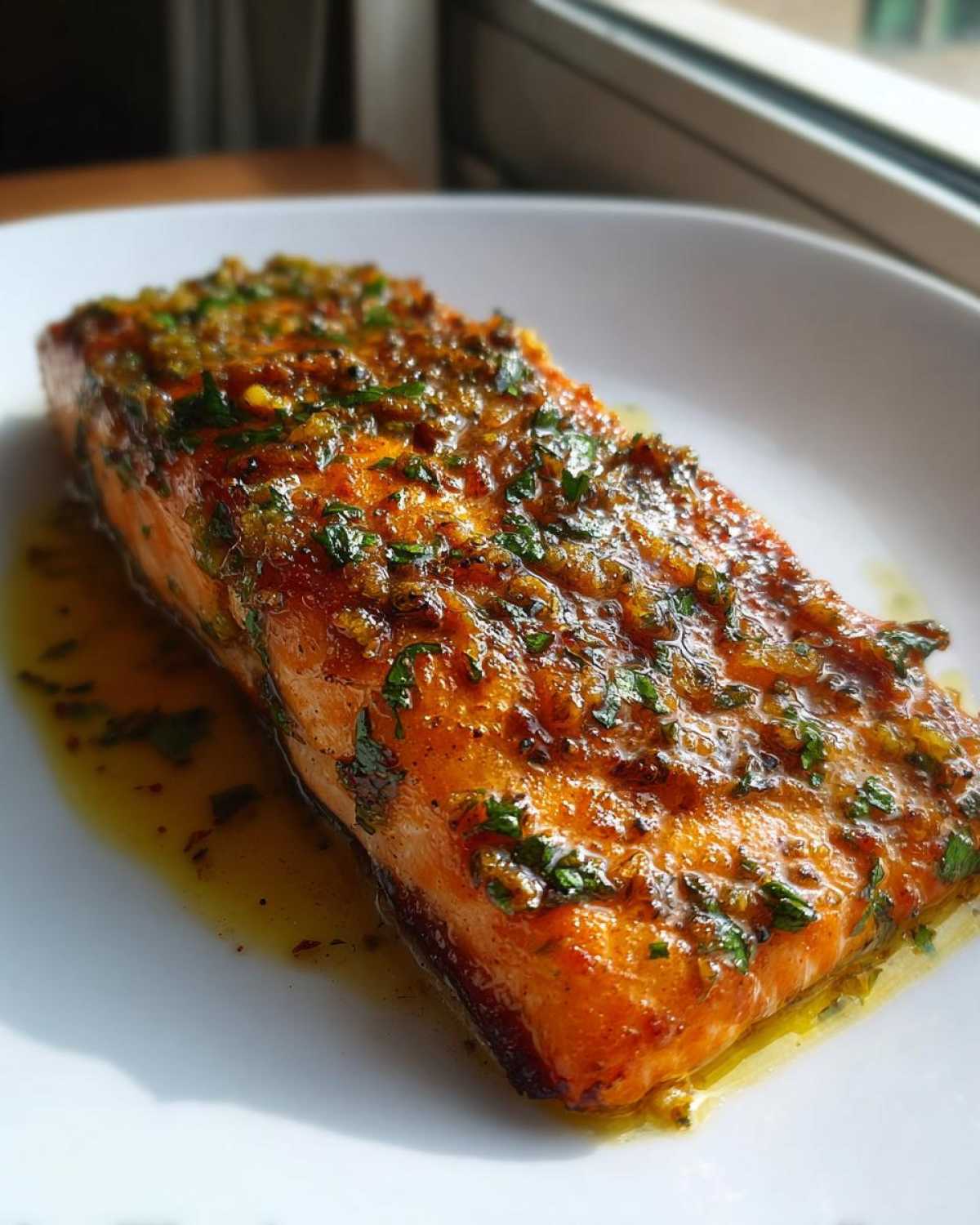 A perfectly cooked fillet of Garlic Butter Salmon with crispy edges, glistening with butter sauce and herbs.