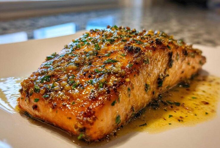 A perfectly cooked fillet of Garlic Butter Salmon with crispy edges, glistening with melted butter and herbs.