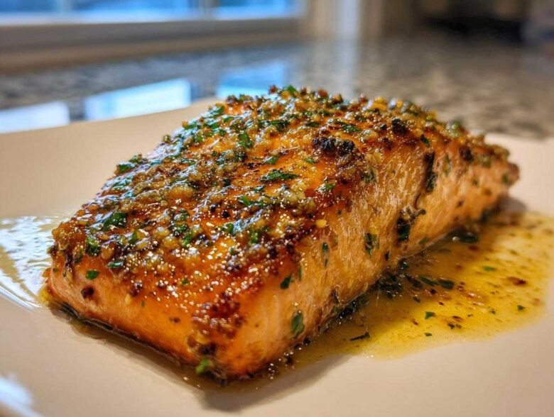 A perfectly cooked fillet of Garlic Butter Salmon with crispy edges, glistening with melted butter and herbs.