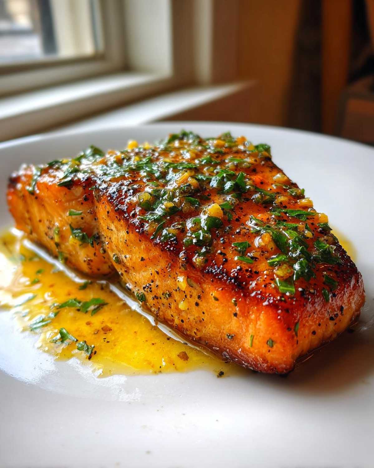 Close-up of a perfectly cooked fillet of Garlic Butter Salmon with Lemon Garlic Sauce drizzled over it.