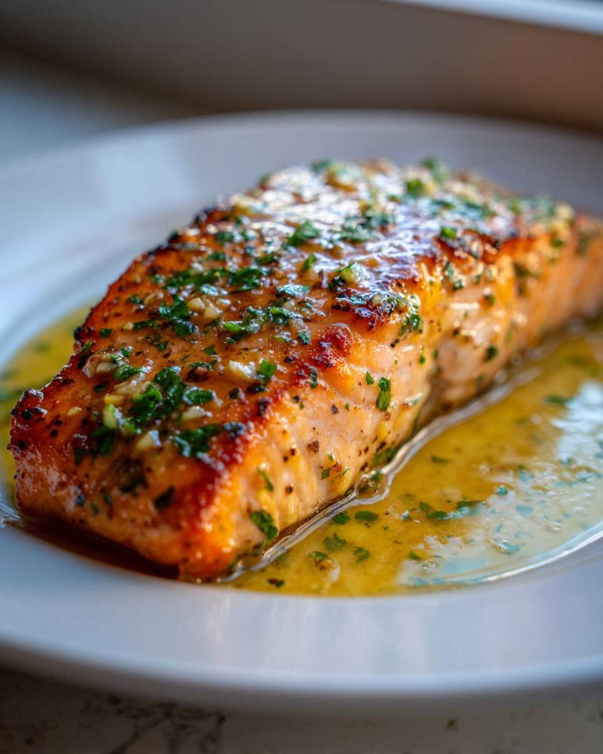 Close-up of a seared fillet of Garlic Butter Salmon with Lemon Garlic Sauce, glistening in butter.