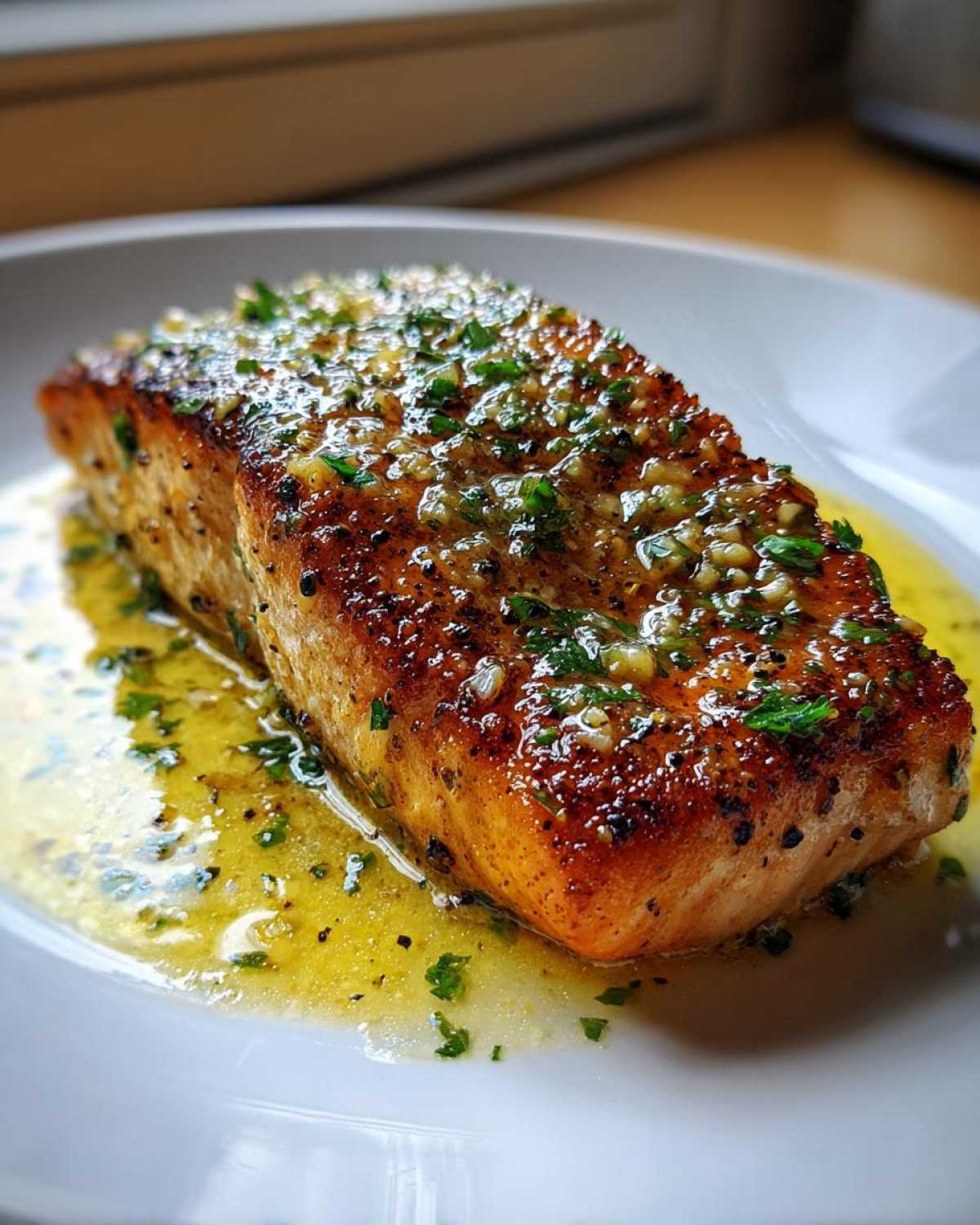 Close-up of a seared fillet of Garlic Butter Salmon with Lemon Garlic Sauce, topped with minced garlic and parsley.
