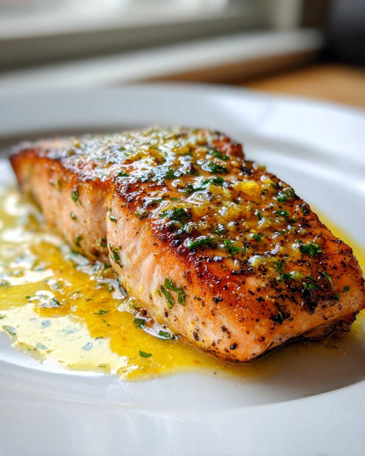 Close-up of a seared Garlic Butter Salmon with Lemon Garlic Sauce pooling around it on a white plate.
