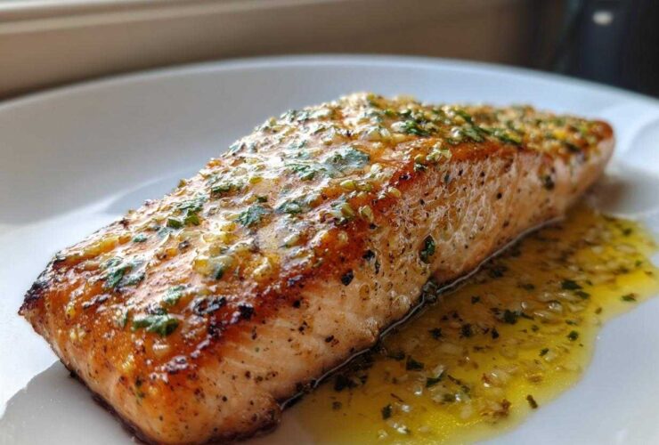 A close-up of a perfectly cooked fillet of Garlic Butter Salmon with Lemon Garlic Sauce drizzled over it.