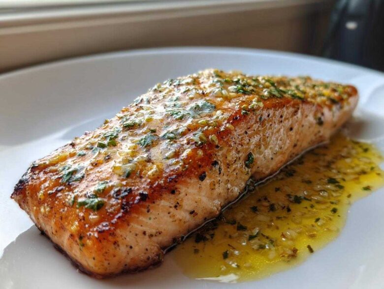 A close-up of a perfectly cooked fillet of Garlic Butter Salmon with Lemon Garlic Sauce drizzled over it.