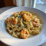 A close-up of rich, creamy Garlic Butter Shrimp Alfredo Pasta topped with grilled shrimp and fresh parsley.