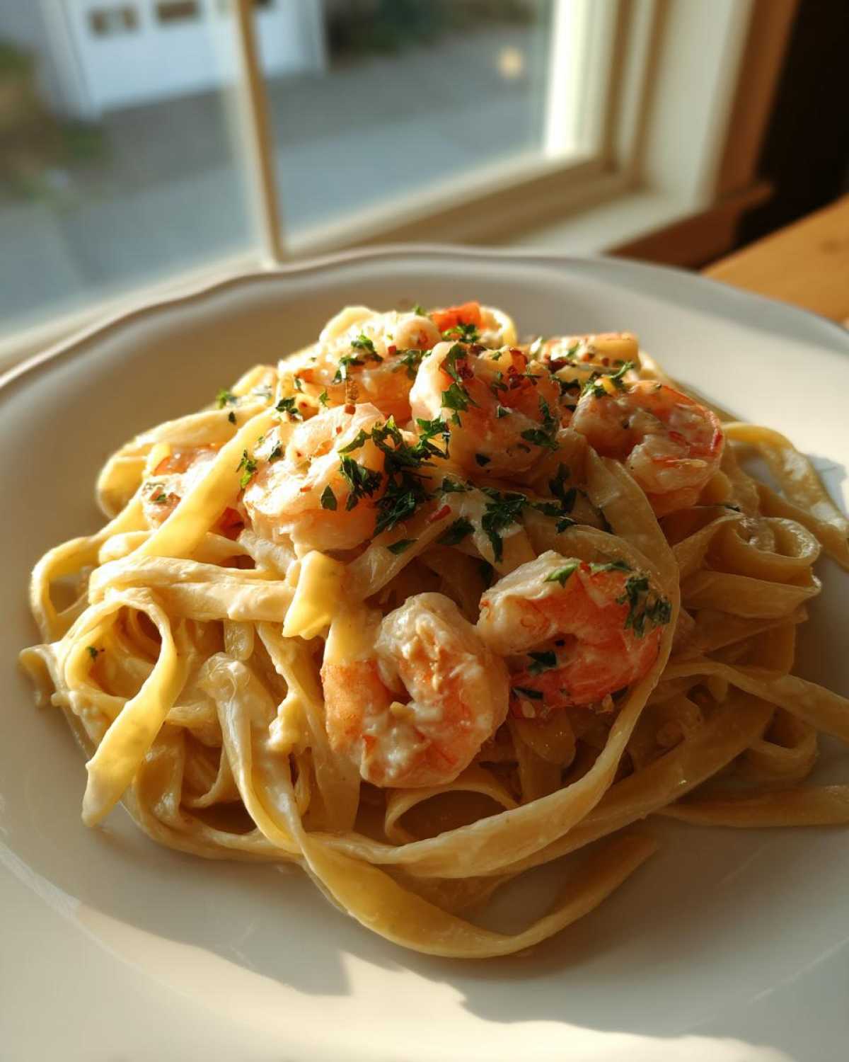Close-up of a serving of Garlic Butter Shrimp Alfredo Pasta with fettuccine noodles, topped with shrimp and parsley.