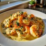 Plump shrimp coated in a rich, creamy Parmesan sauce, garnished with parsley, ready to eat.