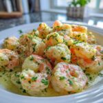 Close-up of plump shrimp coated in Garlic Butter Shrimp with Creamy Parmesan Sauce, garnished with parsley.