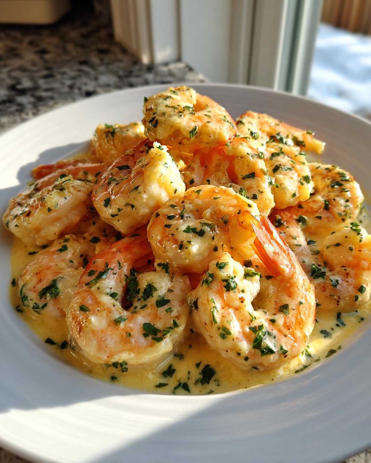 Close-up of cooked shrimp generously coated in Garlic Butter Shrimp with Creamy Parmesan Sauce, garnished with parsley.